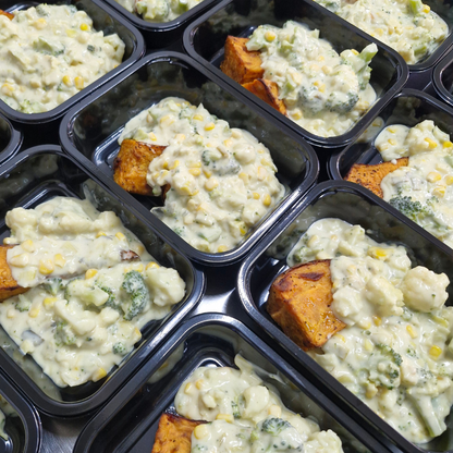 Leek, corn, broccoli and cauliflower chowder loaded roasted kumara 8.09.26