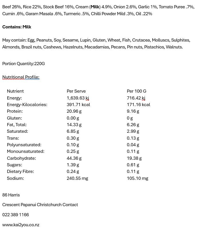 Creamy beef and tomato curry (Mild) 25.11.25